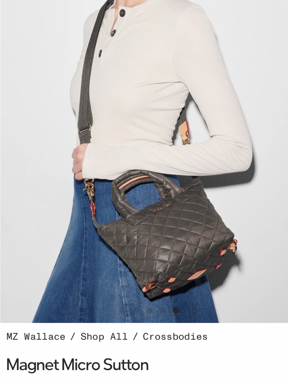 MZ Wallace Quilted Magnet Micro Sutton Crossbody - Charcoal with Coral Trim